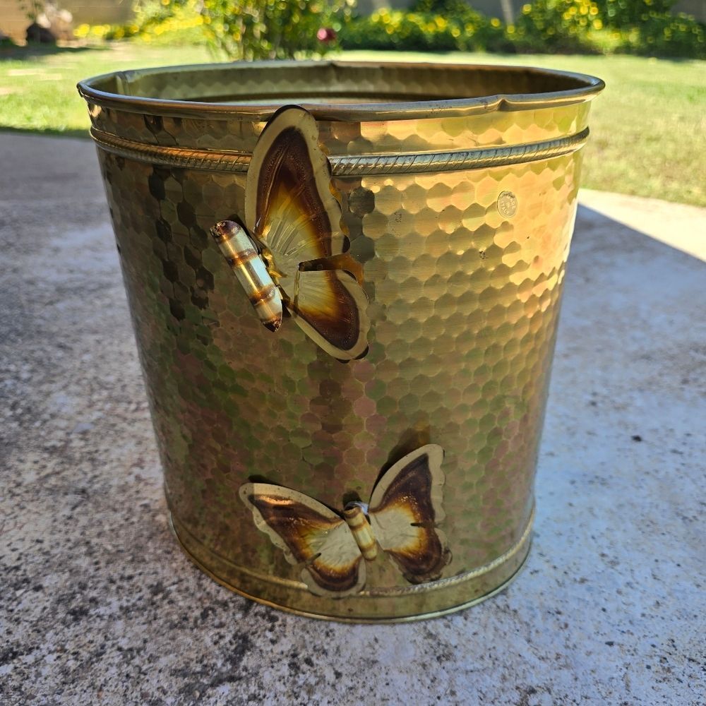 Vintage Solid Brass Waste‎ Basket Trash Can Plant Holder Made In Italy